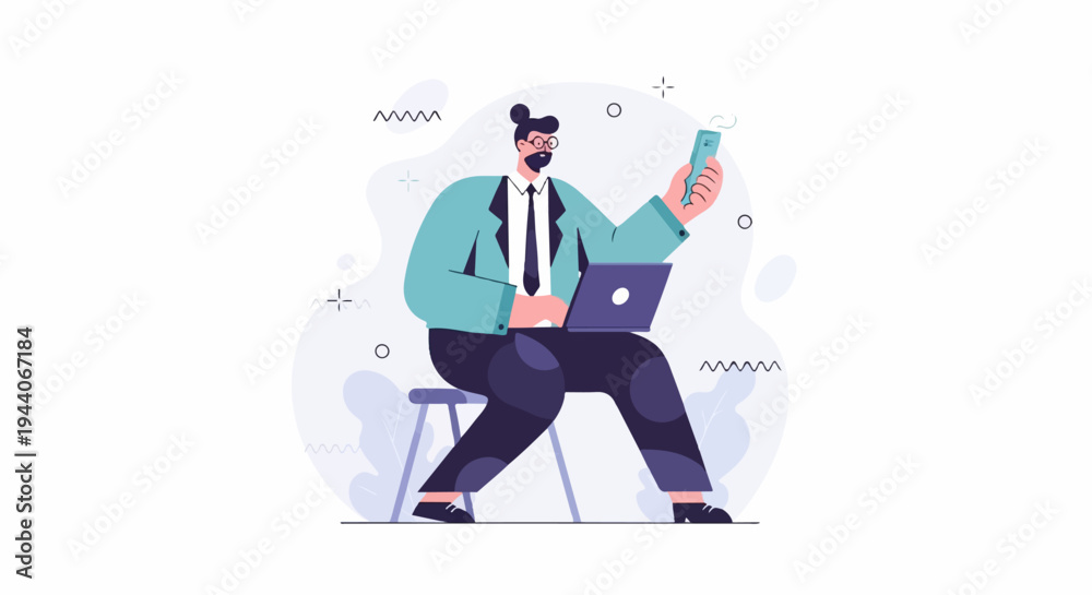 Obraz premium Businessman working on laptop and holding smartphone while seated