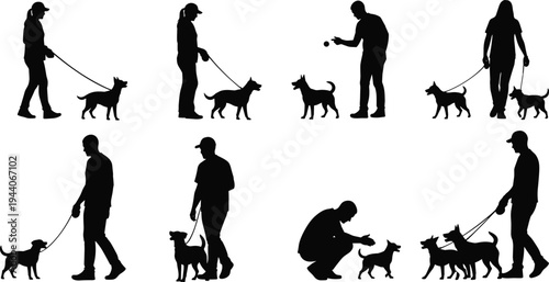 ilhouette illustration of people walking training playing with dogs, pet care companionship concept, outdoor activity vector design collection for lifestyle themes