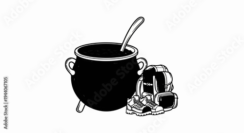 Black cauldron filled with beans and a spoon sits next to backpack and boots