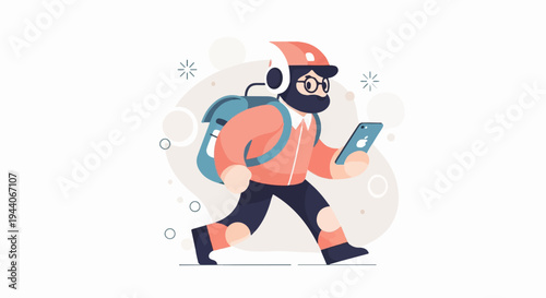Bearded man with backpack wearing headphones, walking and using a smartphone