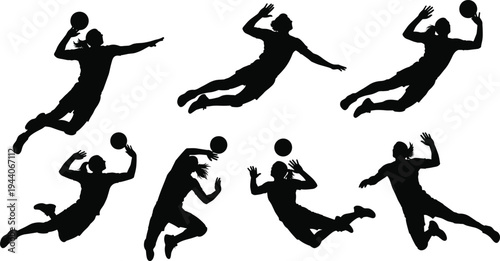 Silhouette illustration of athletes jumping with ball in dynamic sports poses, volleyball or handball action concept, competitive game vector design collection