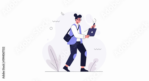 Person with laptop and phone walking with bag and stylized plants
