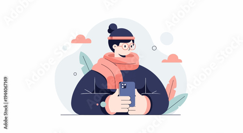 Cartoon person in warm clothes holding a mobile phone, with abstract background elements