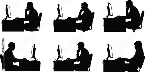 Silhouette illustration of multiple office workers sitting at desks using desktop computers, focused employees in business workplace environment, modern digital technology concept vector