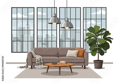 Cozy living room interior with large windows and city view, featuring a comfortable sofa, coffee table, and a potted plant
