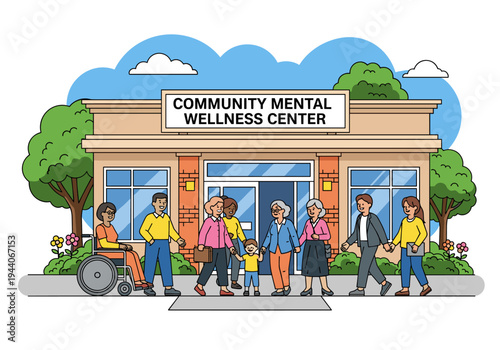 Diverse group of people walking towards a community mental wellness center building
