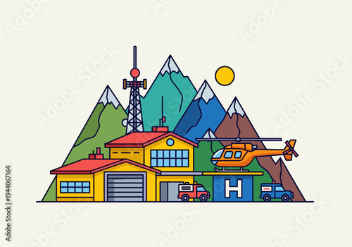 Mountain emergency services station with helicopter, fire truck, and ambulance