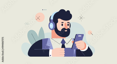 Businessman wearing headphones, using smartphone, surrounded by abstract shapes