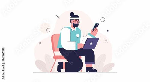 Person with laptop and phone sitting on a chair, abstract shapes