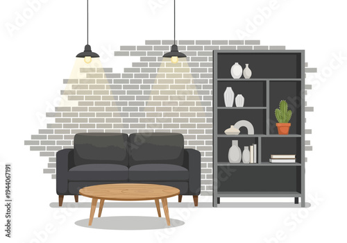 Modern Living Room Scene with Sofa, Coffee Table, and Shelving Unit Against a Brick Wall
