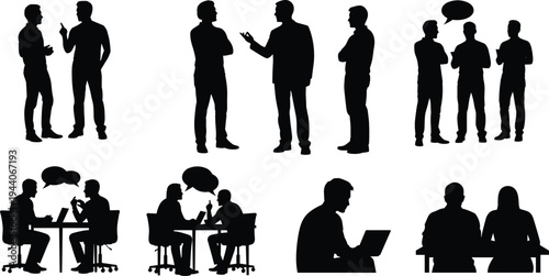 Silhouette illustration of people communicating and collaborating, group discussion with laptops and speech bubbles, teamwork and professional workplace vector design collectio