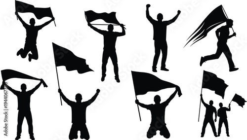 Silhouette illustration of people holding flags and banners in dynamic celebratory poses, protest rally support concept, sports event vector design collection