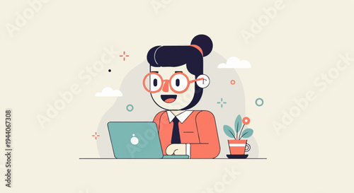 Cheerful cartoon person with glasses works on a laptop at a desk