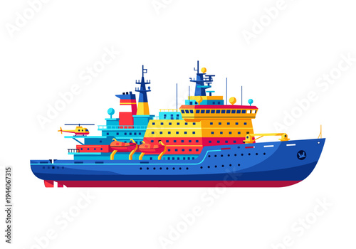 Colorful illustration of a modern icebreaker ship with a helicopter on deck