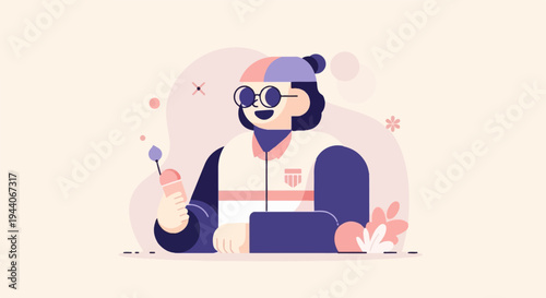 Cheerful character with glasses enjoys an ice cream treat