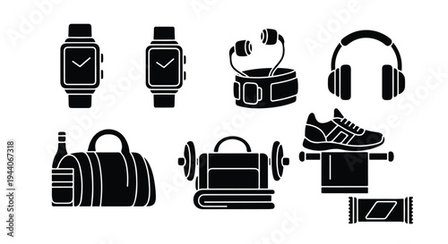 Set of 8 Black Fitness and Gym Equipment Vector Icons