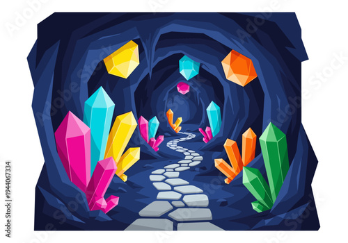 Enchanting cave path lined with vibrant, glowing crystals and gemstones
