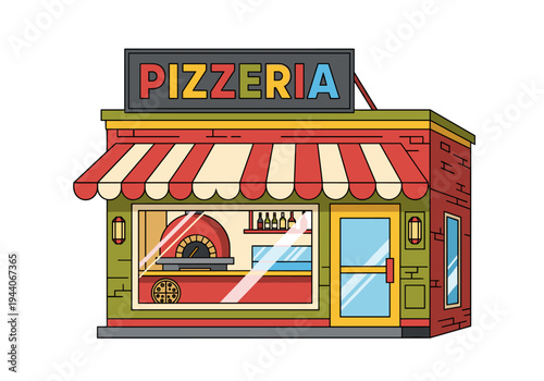 Colorful Pizzeria storefront with pizza oven visible through the window