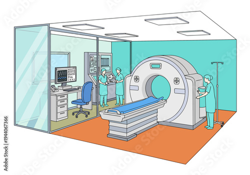 Medical professionals operate advanced CT scanner in a modern diagnostic imaging suite