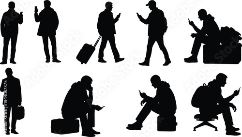 Silhouette illustration of people using mobile phones in everyday travel poses, standing walking sitting with luggage, modern technology lifestyle vector design collection