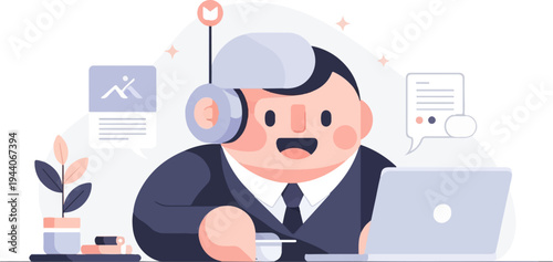 Cheerful man in suit with headset, working on laptop, with plant and messages