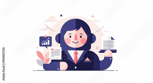 Cheerful person in suit with documents, headset, and growth chart
