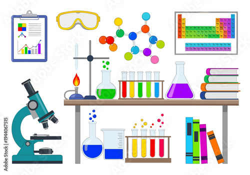 Colorful science laboratory equipment and periodic table illustration
