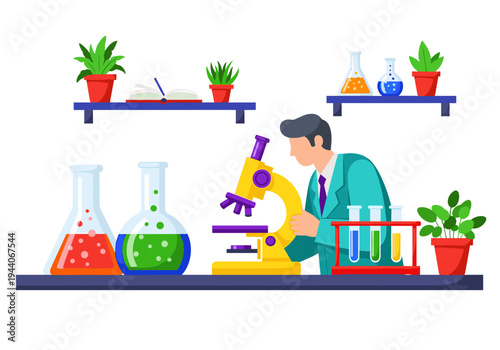 Scientist in lab coat examining sample under microscope with colorful beakers and test tubes nearby