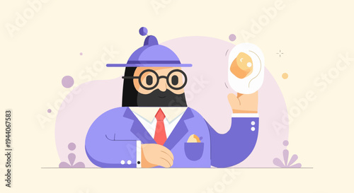 Character in suit with hat holding a fried egg