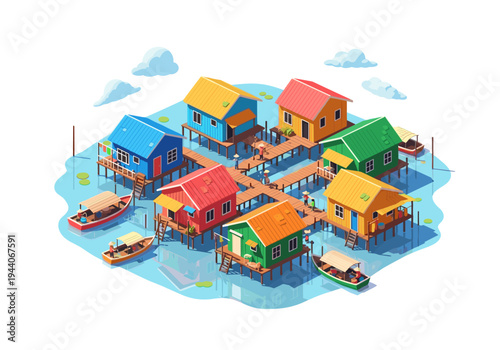 Colorful stilt houses and boats on a tranquil lake in a charming isometric village
