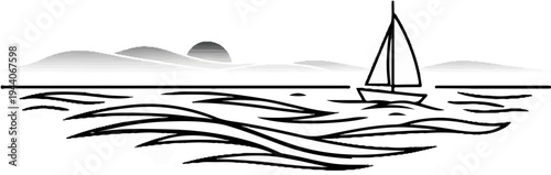 A sailboat glides across wavy waters under a hazy, sunlit sky with distant hills