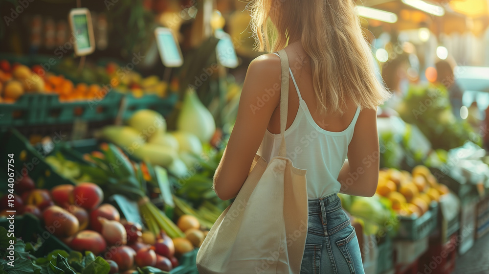 Obraz premium woman shopping at outdoor farmers market with reusable bag of fresh vegetables