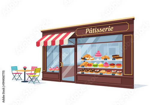 Charming French patisserie storefront with a display of delicious pastries and outdoor seating