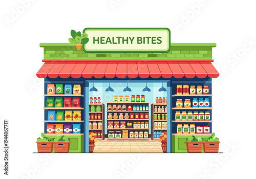 Illustration of a charming healthy food store called Healthy Bites with colorful products on shelves