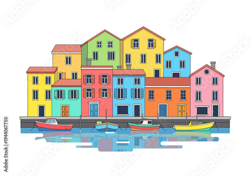 Colorful row of cartoon houses on the waterfront with boats docked in the canal