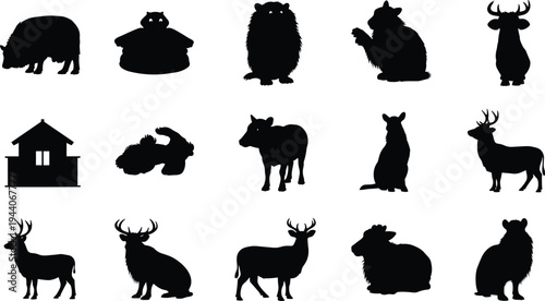 Silhouette illustration of various animals and house, deer cow bear wildlife shapes in standing sitting lying positions, nature vector design collection