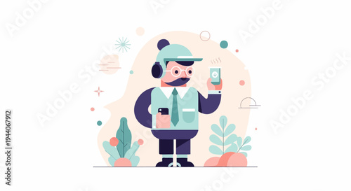 Flat illustration of a man with headphones, holding a phone and coffee cup