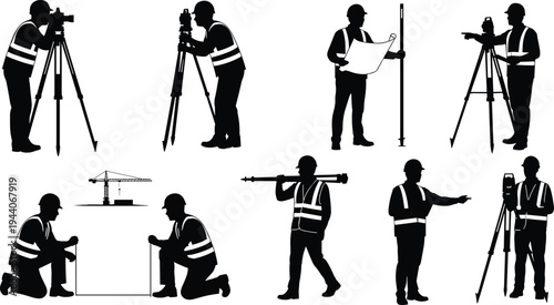 Silhouette vector illustration of construction workers surveying site with equipment, blueprints, measuring tools, crane background, engineering planning and building development concept