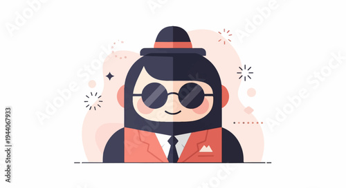 Flat illustration of a character with dark hair, sunglasses, and a coral suit