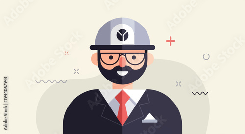 Flat illustration of a smiling man with glasses, beard, and hard hat