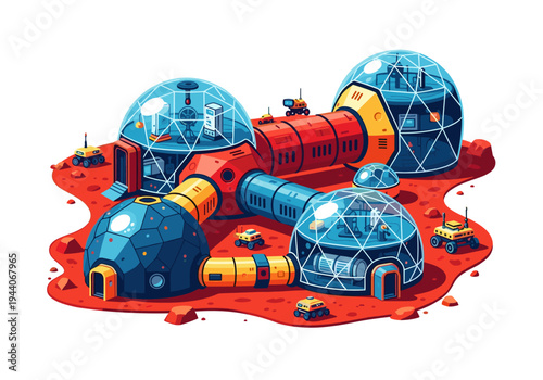 Futuristic Mars colony with geodesic domes and rovers on red planet surface