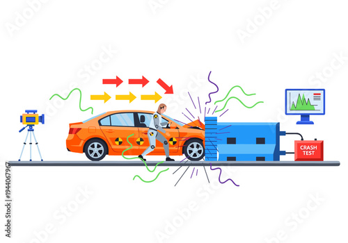 Automotive crash test simulation with dummy and data monitoring for safety research