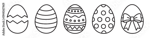Easter egg icon set. Features cracked shell, decorated patterns, and chocolate egg with ribbon bow. Black linear vector with editable stroke. Minimalist festive spring holiday symbols.