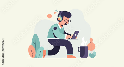 Focused person with headphones working on laptop, steaming mug nearby
