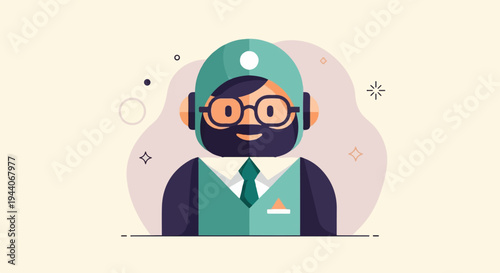 Flat illustration of a smiling man with glasses, beard, and headphones