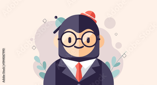 Cartoon gorilla in a suit and glasses, wearing a hat, with plants