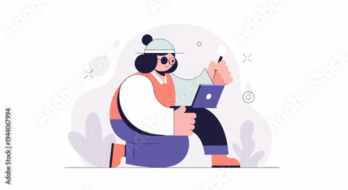 Cartoon character with laptop and brush, kneeling
