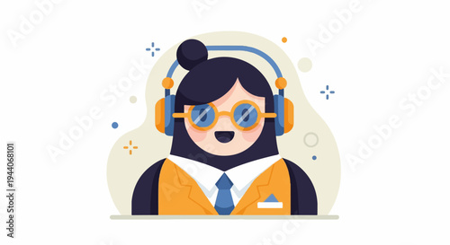 Cheerful cartoon person with headphones and glasses, wearing a suit