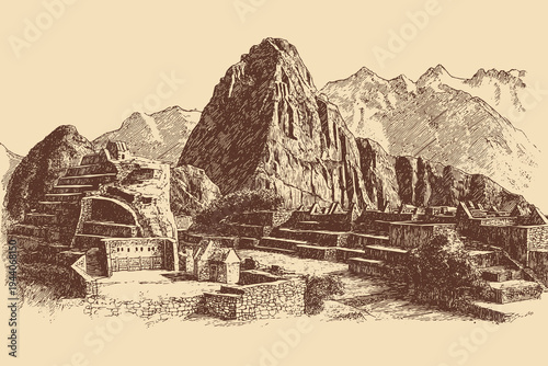 Machu Picchu, Peru illustration in a vintage style. This vector illustration can be used in any size you like for advertising, logos, and other work.