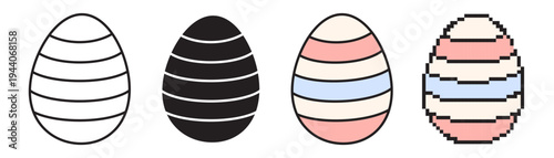 Easter egg icon set in linear, flat color, solid, and pixel art styles. Striped decorative eggs with editable strokes. Minimalist vector collection for spring holidays and seasonal branding.